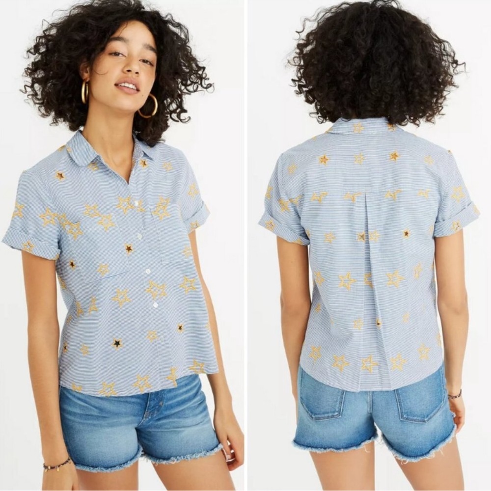 Madewell Women’s Embroidered Stripe Star Shirt SZ XXS blue yellow button down